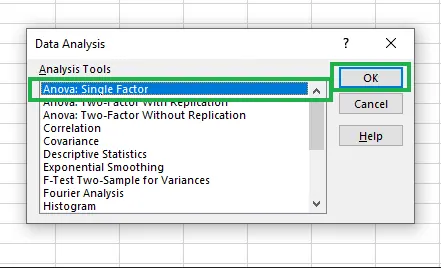 Selecting Anova: Single Factor option. 7