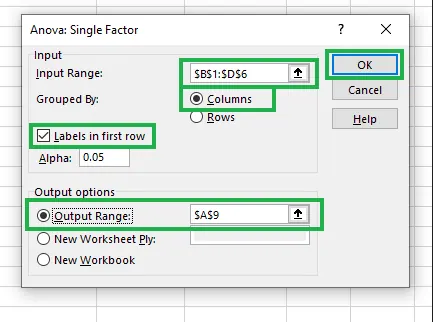 Filling details for Anova: Single Factor. 8
