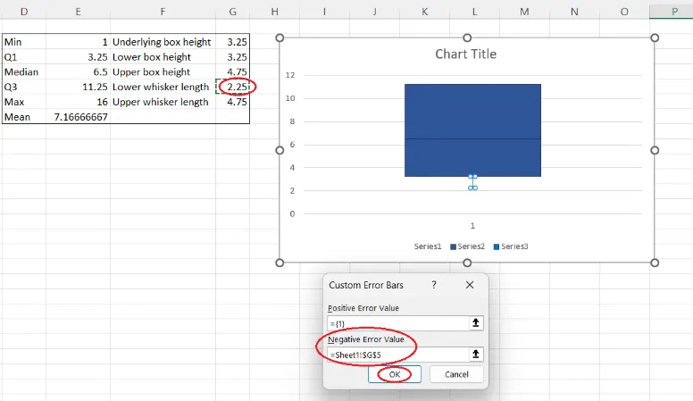 Cómo especificar la longitud del bigote inferior al crear el bigote inferior de un diagrama de caja y bigotes desde cero en Excel. Imagen del Autor. 7