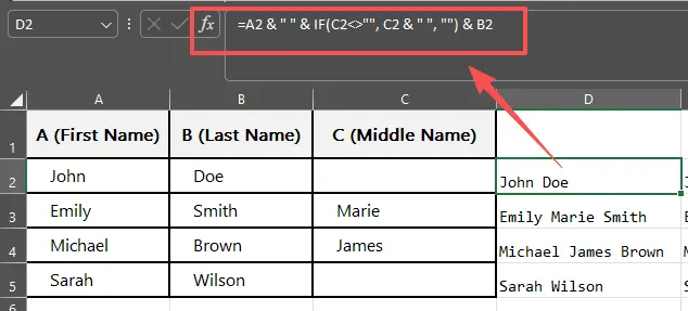 A simple formula using the ampersand to combine first and last names. 1