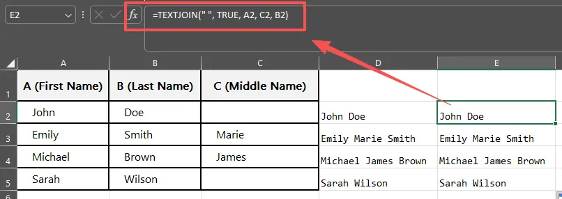The TEXTJOIN function combining names and ignoring empty cells. 2