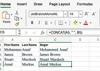 Excel Concat combinando nome e sobrenome 1