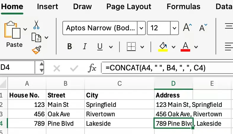 Merging address elements using Excel CONCAT 2