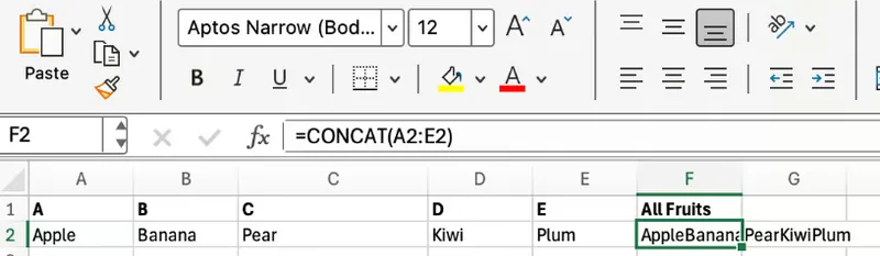 Juntando um intervalo de células usando Excel CONCAT 3