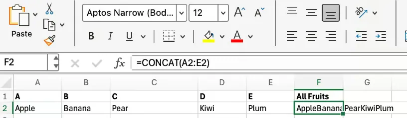 Joining a range of cells using Excel CONCAT 3