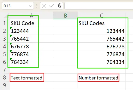 Text-formatted numbers align left in Excel. 1