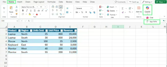 Locate the Copilot icon in Excel 2