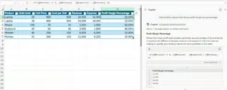 Calcule a margem de lucro usando o prompt do Copilot no Excel. 3