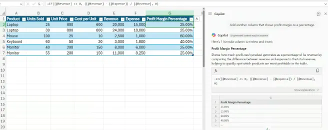 Calculate the profit margin using the Copilot prompt in Excel. 3