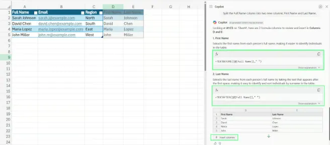 Split the names into separate columns using Copilot in Excel. 4