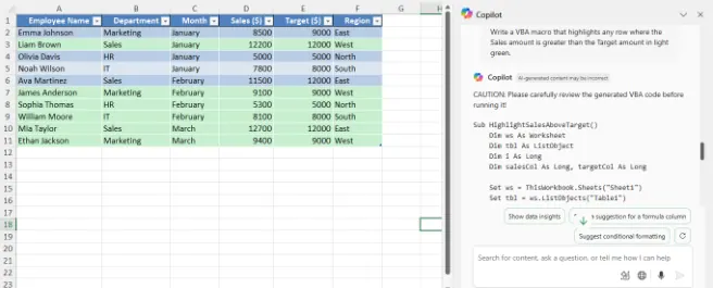 Create VBA macro with Copilot in Excel. 6