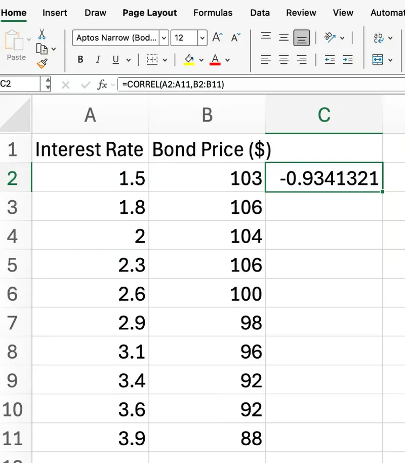 Exemplo de matriz CORREL do Excel 1