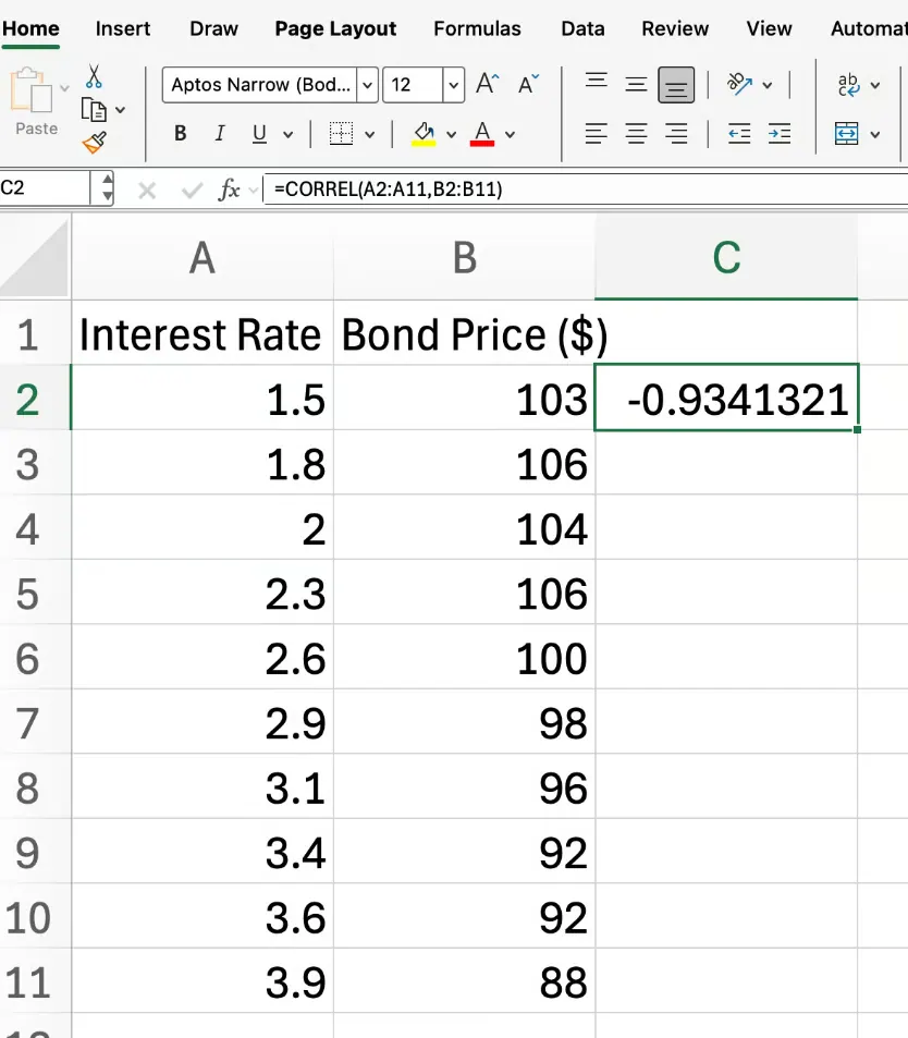 Excel CORREL array example 1