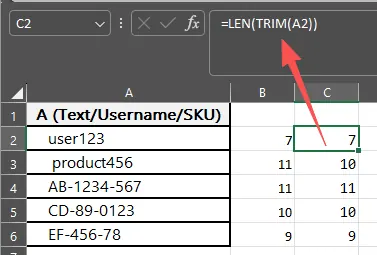 LEN-Funktion kombiniert mit TRIM in Excel 2