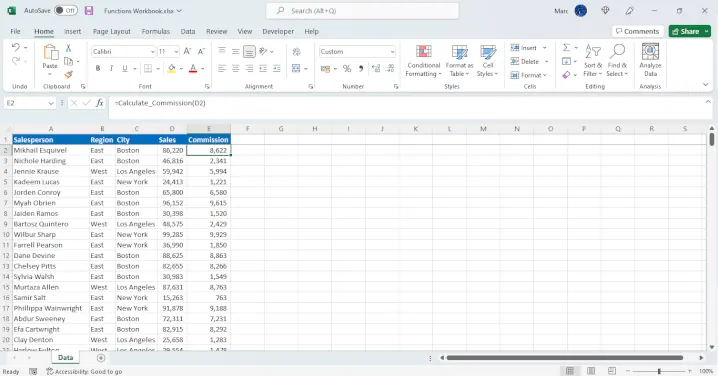 Utilisation de la nouvelle fonction personnalisée dans une feuille de calcul Excel