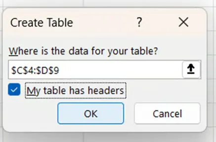 Create table pop-up in Excel data model 14