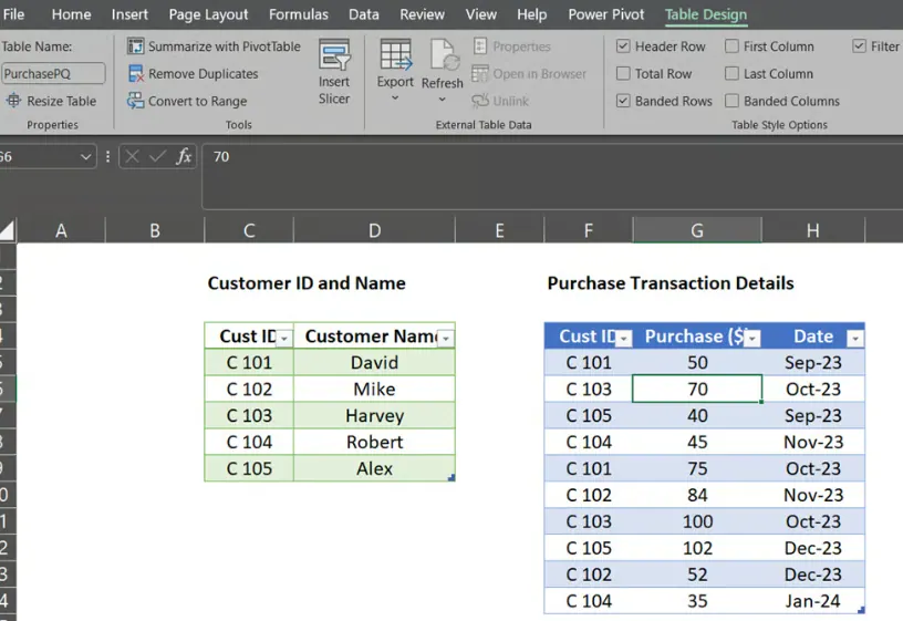 Two tables in Excel ready for Data Model in Excel 16