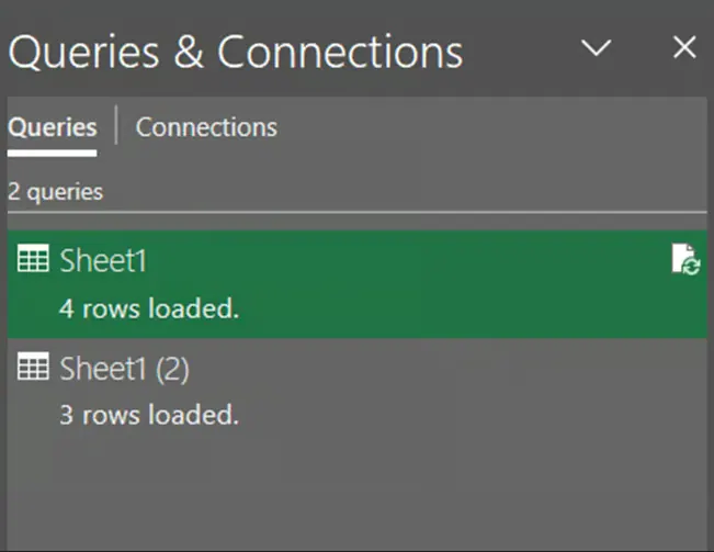 Excel data models queries & connections pane in Excel data model 4