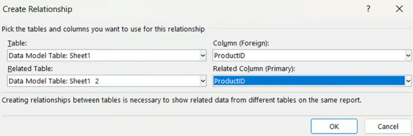 Create Relationship window in Excel data model 7