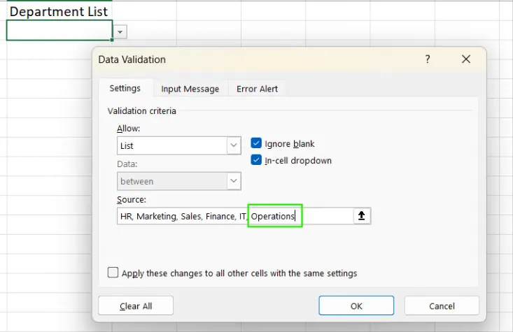 How to manually add an item in drop-down list in Excel 10