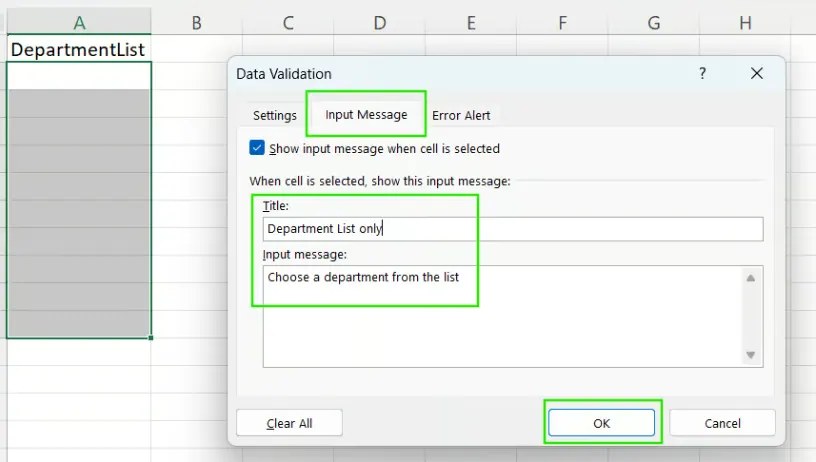 Creating input messages for drop-down lists in Excel. 19