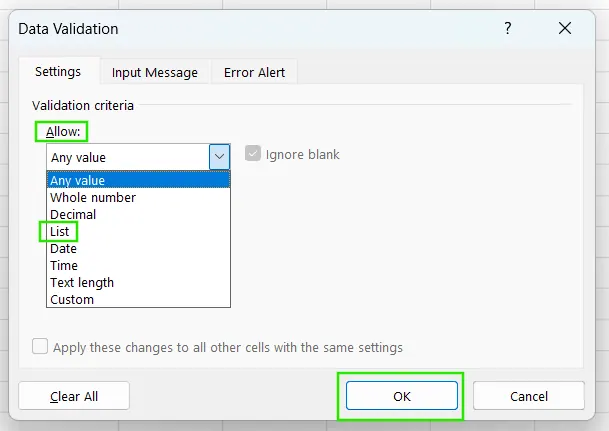 Data Validation drop-down list in Excel 3