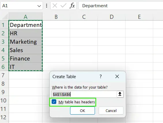 Create table in Excel 7