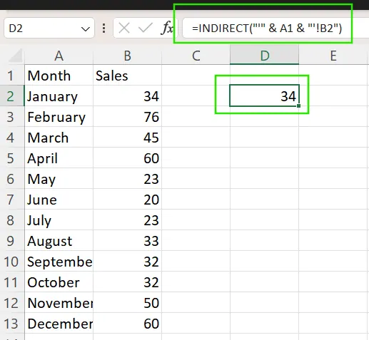 Using INDIRECT() to reference other worksheets indirectly in Excel. 3