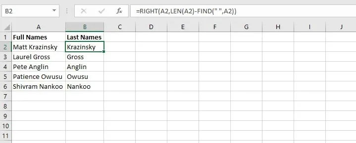 Eine komplexe verschachtelte Formel zum Extrahieren eines Nachnamens in Excel