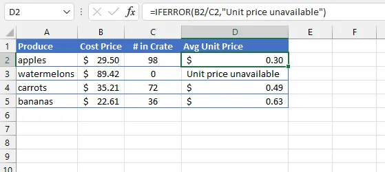 Exemple d'utilisation de la fonction IFERROR dans Excel pour gérer les erreurs de division par zéro.