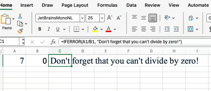 Excel IFERROR avoids divide by zero 1