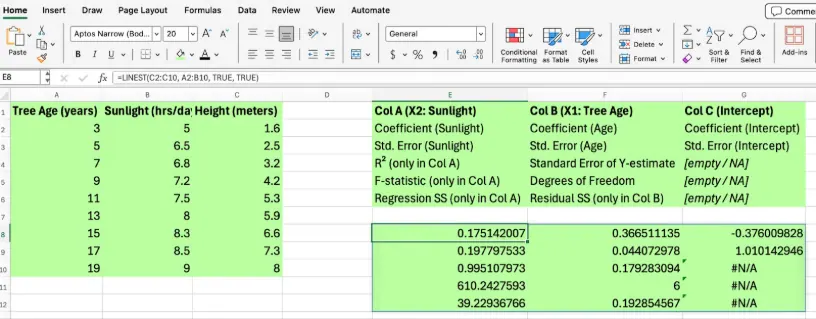 Excel LINEST for multiple linear regression 2