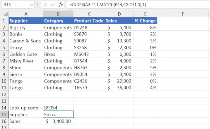 An example of INDEX/MATCH being used to find a product code.