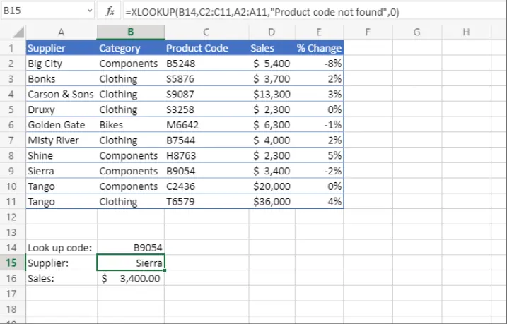 An example of XLOOKUP being used to find a product code with a custom 'not found' message.