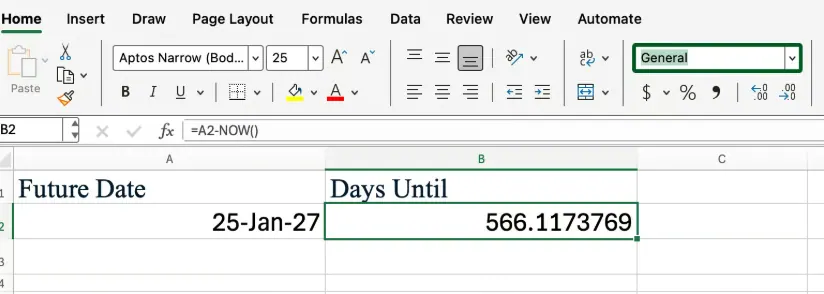 Excel NOW() function to find days in between a date 1