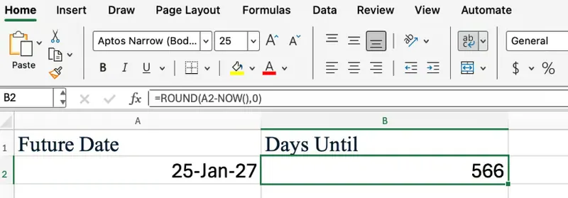 Função NOW() do Excel combinada com a função ROUND() 2
