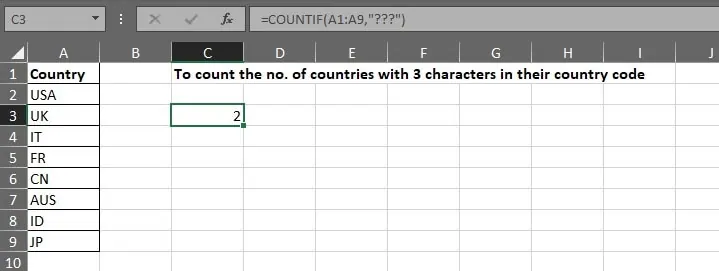 A COUNTIF formula using question mark wildcards to count cells with exactly three characters.
