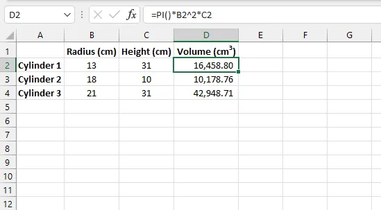 Calculating cylinder volume using the PI() function in Excel.