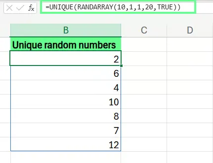 Generating random numbers with UNIQUE and RANDARRAY in Excel. 5