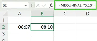 ExcelでMROUND()関数を使用して時間を最も近い分に丸める。 5