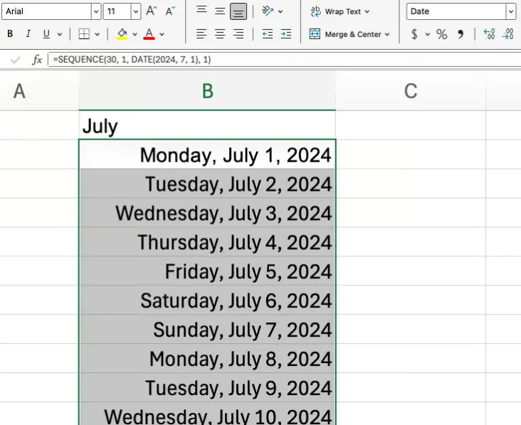 Using SEQUENCE in Excel to create a calendar 5