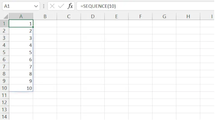 Excel의 SEQUENCE 함수로 생성된 1부터 10까지의 간단한 세로 숫자 목록.