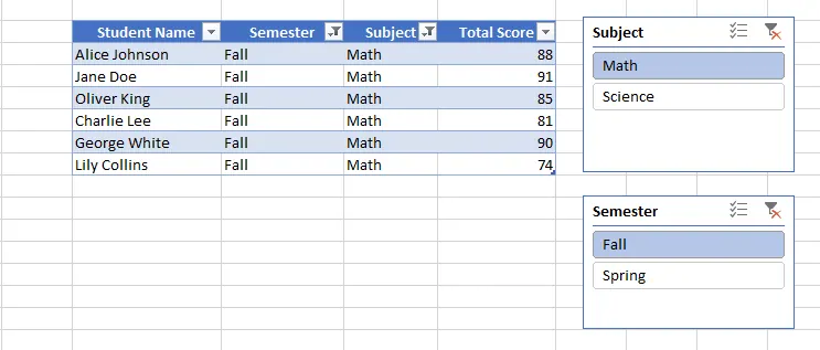 Data is filtered using the slicers in Excel 14
