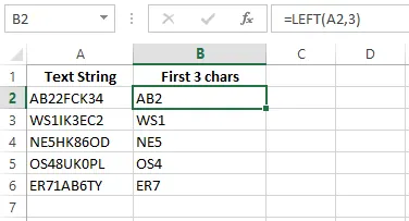 LEFT関数を使用して最初の3文字を取得。 1