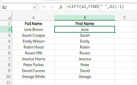 FINDとLEFTを組み合わせて名を抽出。 9