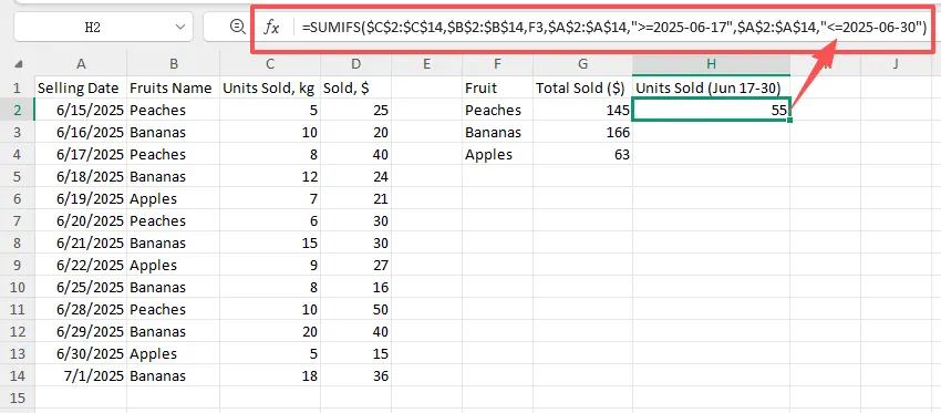 Example of SUMIFS formula in Excel