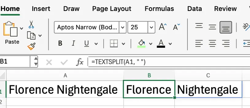 Excel TEXTSPLIT() Basic Example 1
