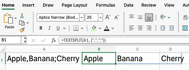 TEXTE.DIVISER Excel avec virgules et points-virgules 3