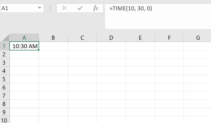 Screenshot einer Microsoft Excel-Tabelle, die die TIME-Funktion mit der Formel =TIME\(10, 30, 0\) in der Bearbeitungsleiste und dem resultierenden Zeitwert 10:30 Uhr, der in Zelle A1 angezeigt wird. 2