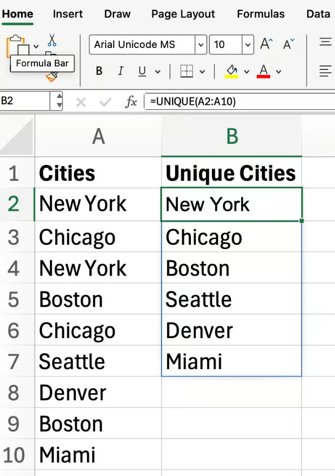 Excel UNIQUE function basic example 1